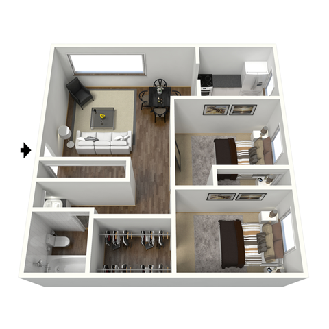 Floor plan for 2 beds, 1 bath, 780 sqft